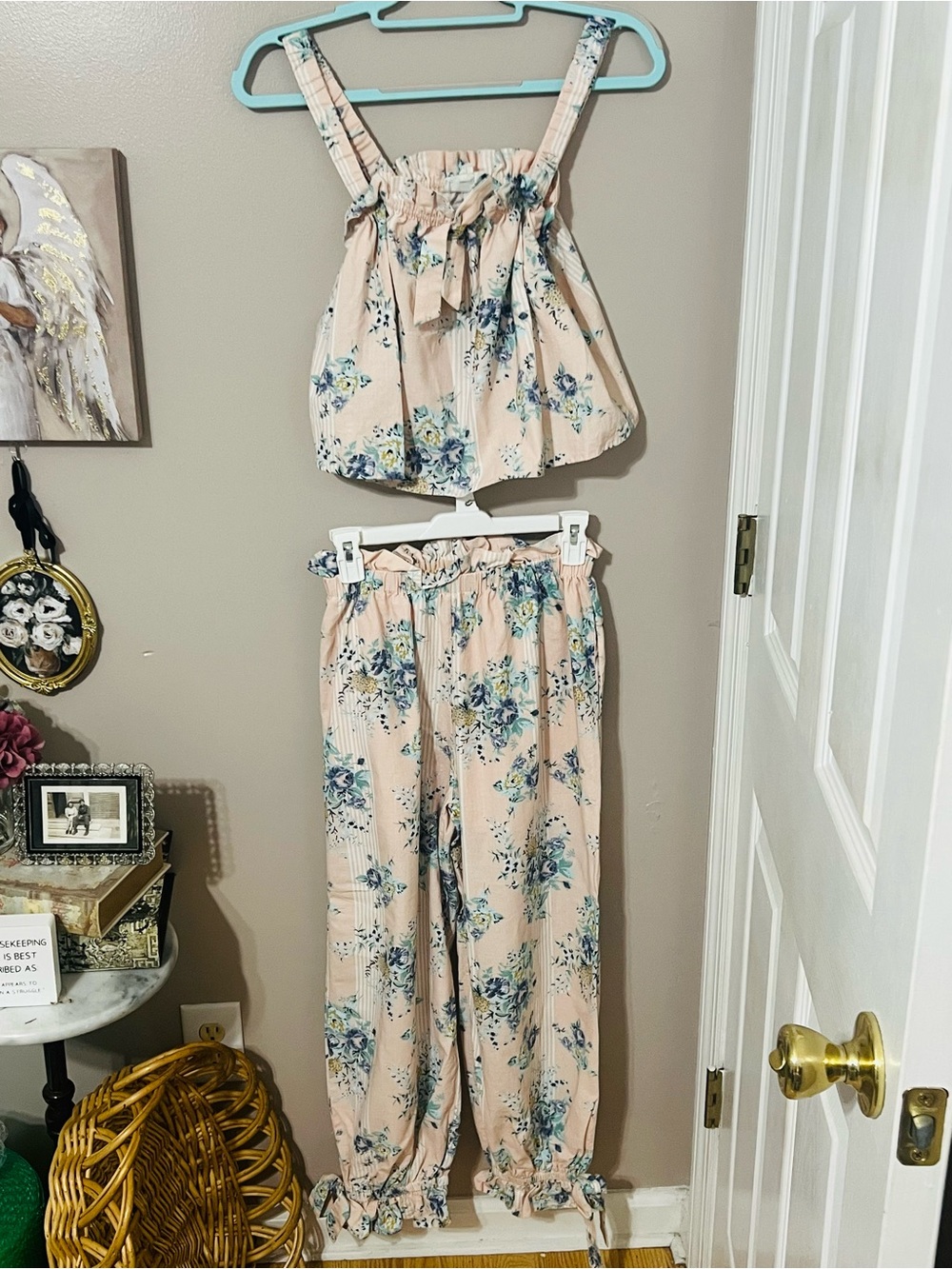 Peach Love California Pink Floral Tie-Front Crop & Wide Leg Pants Set